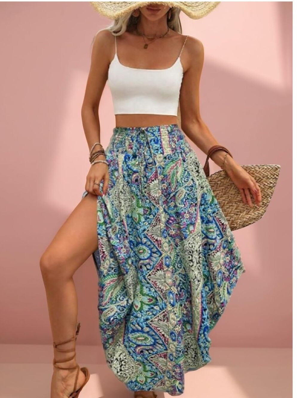 Women's Boho Floral Flowy Midi Skirt Elastic High Waist Pleated ALine Long Skirt